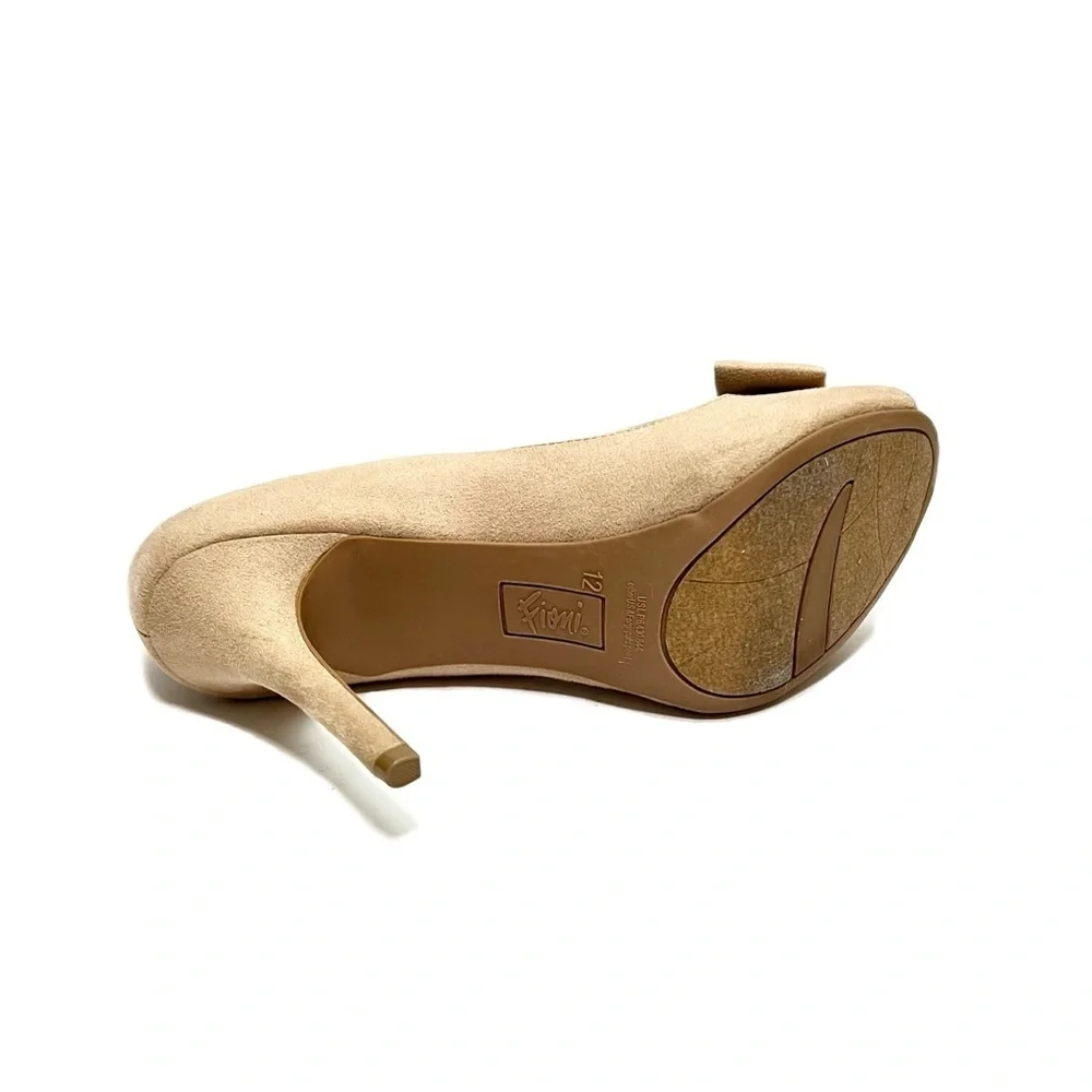Vintage Y2K deadstock tan vegan suede open toe platform bow stiletto heels
